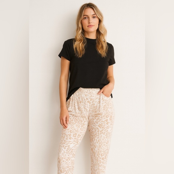 Calvin Klein White Tan leopard Animal Print Lightweight Flowy Pants sz XL - Picture 2 of 11